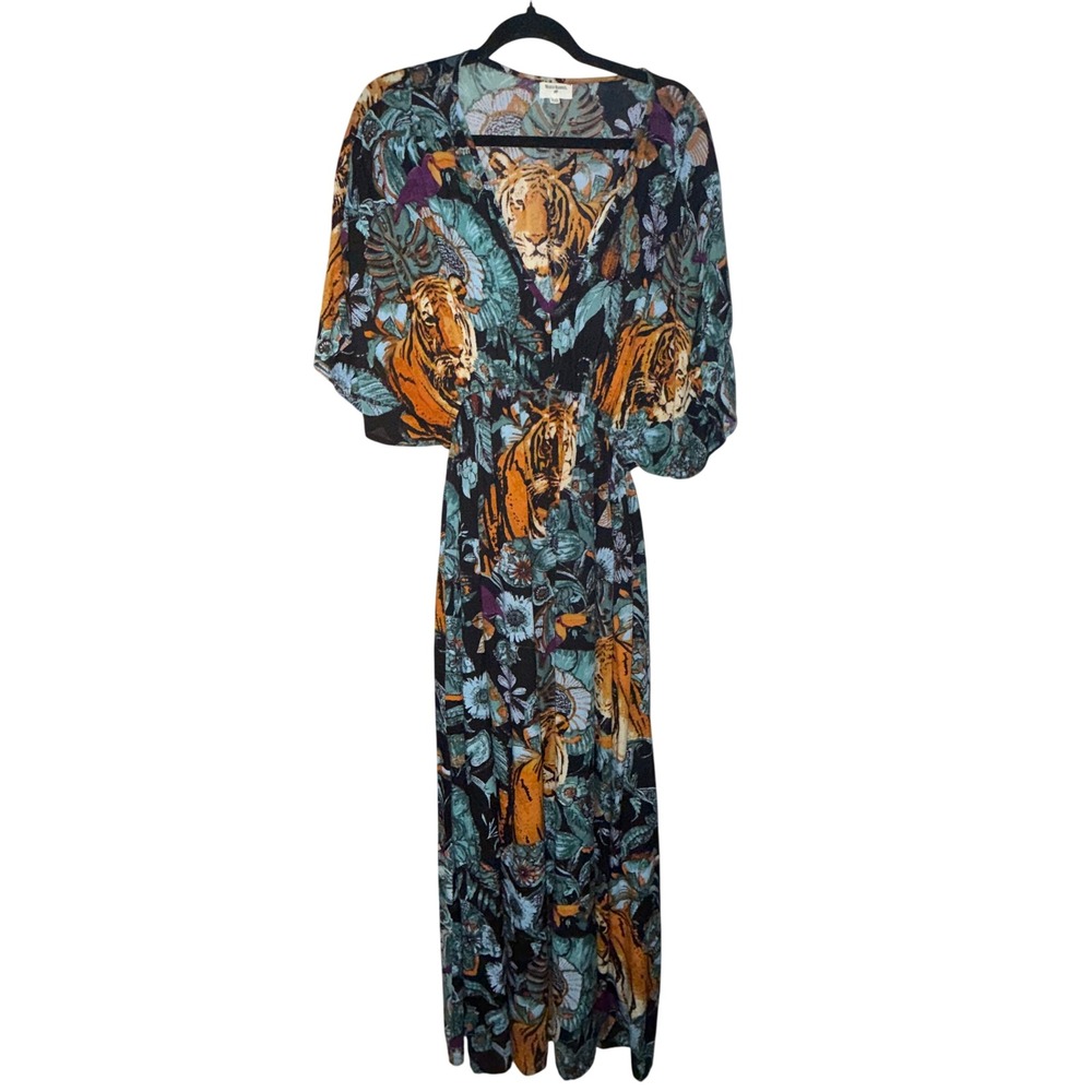 World Market Tiger Tropical Print Maxi Dress L/XL Kimono Sleeve Boho Jungle - Picture 2 of 5